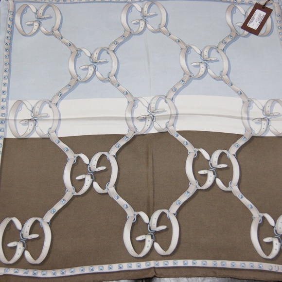 New Gucci Logo Chains Color-Block Brown Blue Silk Scarf - Picture 8 of 12